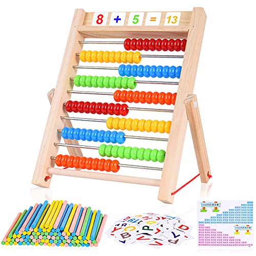 Herefun Ábaco de Madera, Abaco para Niños Abacus Juguete de Madera Clásico Juguetes Montessori Abacus Educativos Juegos Cuentas Multicolores con Palos de Conteo, Tarjetas Numéricas del Alfabeto