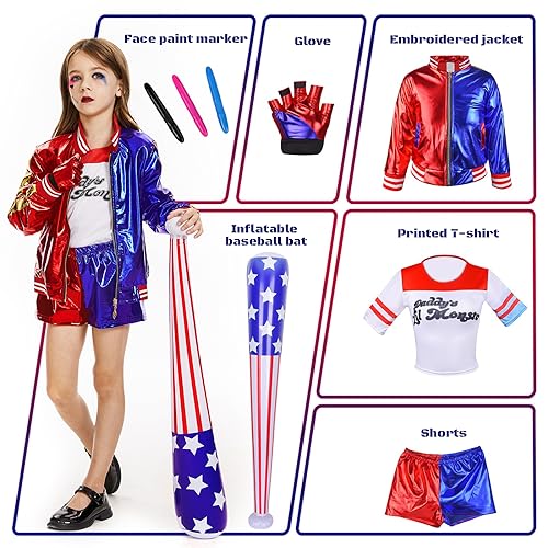 Hereneer Disfraz de Harley Quinn para Niña, Disfraz Halloween Niña Harley Quinn con Camiseta, Chaqueta, Pantalón, Guantes, Béisbol Hinchable Cosplay Disfraz de Carnaval Halloween Niña (130-140cm)