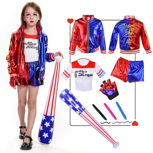 Hereneer Disfraz de Harley Quinn para Niña, Disfraz Halloween Niña Harley Quinn con Camiseta, Chaqueta, Pantalón, Guantes, Béisbol Hinchable Cosplay Disfraz de Carnaval Halloween Niña (130-140cm)