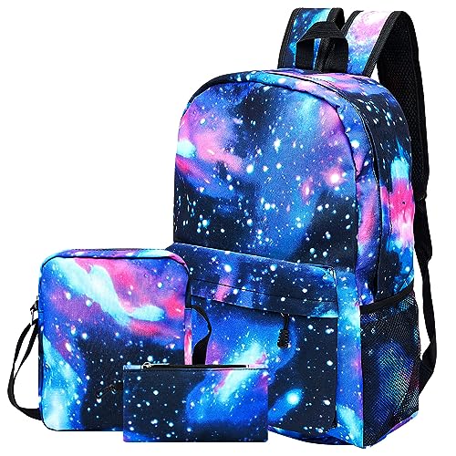 Hestya 3 Piezas Set de Mochila Escolar Grande de 30 L para Adolescentes Mochila de Escuela para Computadora Portátil de 15,6 Pulgadas Bolsa de Hombro Estuche de Lápiz para Niño Viaje (Estilo Galaxia)