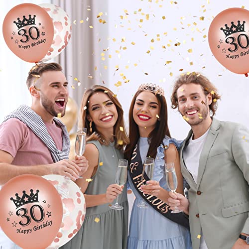 Heyu-Lotus Banda y tiara de 30 cumpleaños de oro rosa y fabulosa banda de diamantes de imitación, corona de globos de cumpleaños para mujer, regalo de 30 cumpleaños, suministros de fiesta (negro rosa)