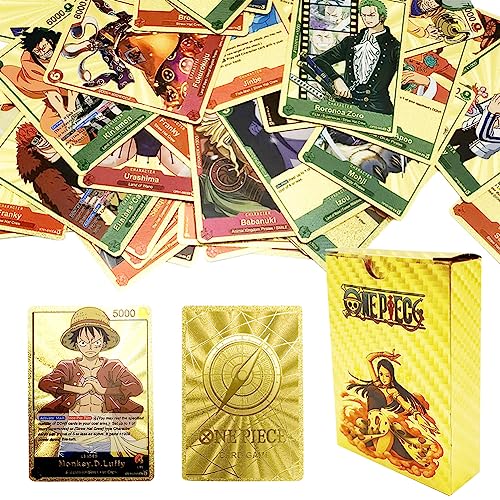 Hilloly One Piece Tarjetas 55 PCS Tarjeta Dorada de Personajes de Animación Piratas Tarjetas Juego de Tarjetas Anime, Cartas Coleccionables, One Piece Golden Cartas Regalos para Niños