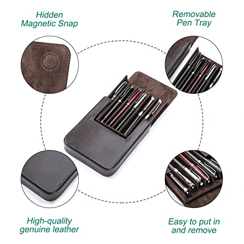 Hiram Funda protectora de cuero de la caja de almacenamiento de cuero genuino de la pluma de la pluma portátil para las plumas, café, For 6 Pens, Organizador de bolsas