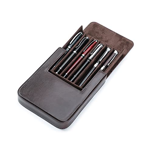 Hiram Funda protectora de cuero de la caja de almacenamiento de cuero genuino de la pluma de la pluma portátil para las plumas, café, For 6 Pens, Organizador de bolsas