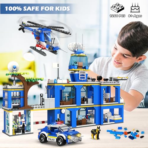 HOGOKIDS Juego de construcción de estación de policía de la ciudad, 1261 piezas de bloques de construcción de policía con helicóptero, motocicleta y coches, juego de construcción de policía STEM