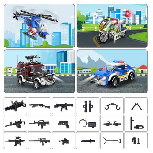 HOGOKIDS Juego de construcción de estación de policía de la ciudad, 1261 piezas de bloques de construcción de policía con helicóptero, motocicleta y coches, juego de construcción de policía STEM