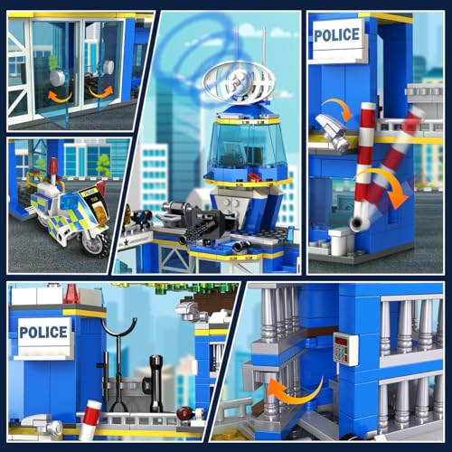 HOGOKIDS Juego de construcción de estación de policía de la ciudad, 1261 piezas de bloques de construcción de policía con helicóptero, motocicleta y coches, juego de construcción de policía STEM