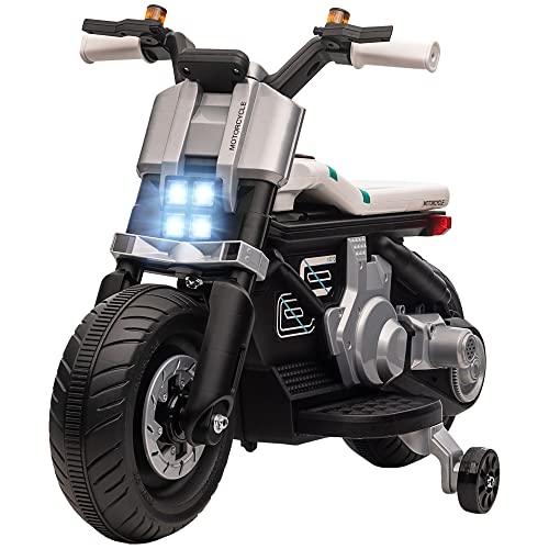 HOMCOM Moto Eléctrica para Niños de 3-5 Años Moto de Batería 6V con Faros Música Bocina Velocidad 3 km/h Avance Retroceso y Ruedas Auxiliares Carga 25 kg 86x44x58 cm Negro y Blanco