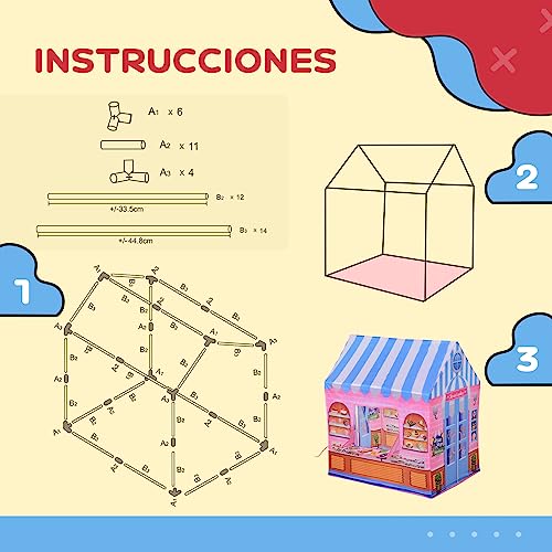 HOMCOM Tienda de Juego de Niños Dulcería para Jugar Zona Infantil Educativo Estable Fácil de Montar Regalo para Niños 93x69 x103cm Rosado