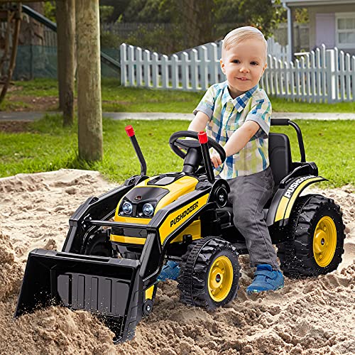 HOMCOM Tractor Excavadora Eléctrico para Niños de +3 Años Vehículo Infantil con Batería 6V Pala Música y Luces Velocidad de 2 Niveles 132x62x65 cm Negro y Amarillo