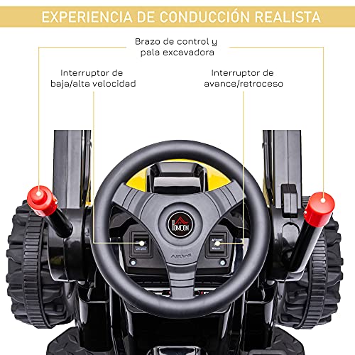 HOMCOM Tractor Excavadora Eléctrico para Niños de +3 Años Vehículo Infantil con Batería 6V Pala Música y Luces Velocidad de 2 Niveles 132x62x65 cm Negro y Amarillo