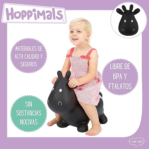 Hoppimals Tootiny, Juguete Hinchable para Saltar y Jugar para Niños Mayores de 1 año, Vaca Negra, Bomba Incluida en Nuestra Caja Regalo. Juguete Duradero Incentivar y Ayudar a Andar.