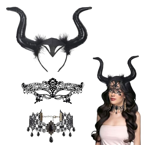 Horns Headgear Halloween Horns Cuernos Malefica Mujeres Maléfica Tocado Incluir Sexy Máscara de Ojos Gargantilla de Encaje para Mujeres Cosplay Carnaval Halloween