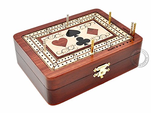 House of Cribbage - 2 pistas – Tablero de madera para cuna / caja – incrustado en madera de sangre/madera de arce – Almacenamiento para clavijas y una baraja de cartas – 60 puntos – No continuo