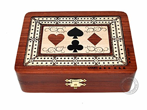 House of Cribbage - 2 pistas – Tablero de madera para cuna / caja – incrustado en madera de sangre/madera de arce – Almacenamiento para clavijas y una baraja de cartas – 60 puntos – No continuo