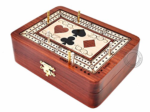 House of Cribbage - 2 pistas – Tablero de madera para cuna / caja – incrustado en madera de sangre/madera de arce – Almacenamiento para clavijas y una baraja de cartas – 60 puntos – No continuo