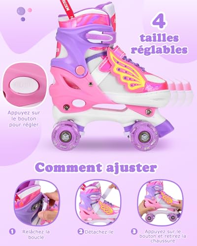 Hozzen Patines 4 Ruedas Niña de 6 a 12 Años - Patines Niña Ajustables de 4 Tamaños con Rueda de Luces y Bolsa Mochila Patines, Roller Skates for Kids con Tira de Luz, Regalos de Unicornio Niños