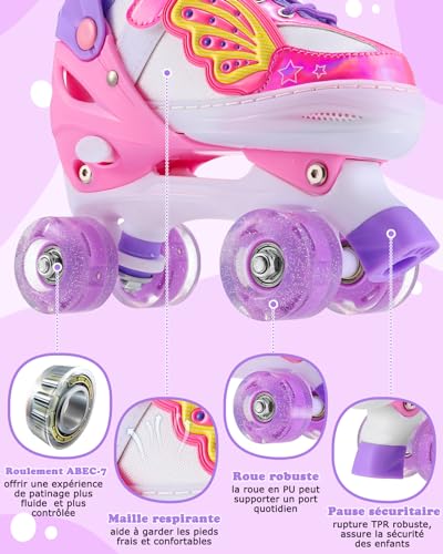 Hozzen Patines 4 Ruedas Niña de 6 a 12 Años - Patines Niña Ajustables de 4 Tamaños con Rueda de Luces y Bolsa Mochila Patines, Roller Skates for Kids con Tira de Luz, Regalos de Unicornio Niños