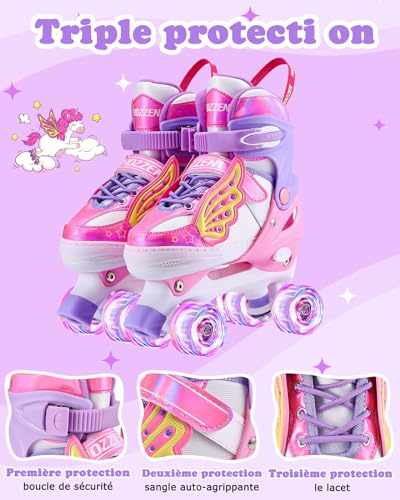 Hozzen Patines 4 Ruedas Niña de 6 a 12 Años - Patines Niña Ajustables de 4 Tamaños con Rueda de Luces y Bolsa Mochila Patines, Roller Skates for Kids con Tira de Luz, Regalos de Unicornio Niños