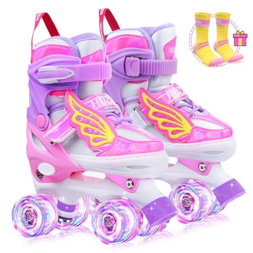 Hozzen Patines 4 Ruedas Niña de 6 a 12 Años - Patines Niña Ajustables de 4 Tamaños con Rueda de Luces y Bolsa Mochila Patines, Roller Skates for Kids con Tira de Luz, Regalos de Unicornio Niños