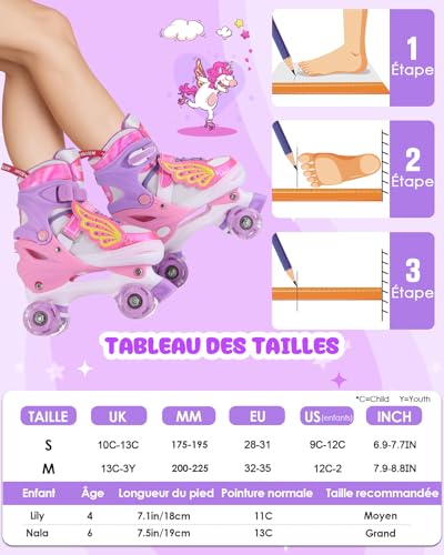 Hozzen Patines 4 Ruedas Niña de 6 a 12 Años - Patines Niña Ajustables de 4 Tamaños con Rueda de Luces y Bolsa Mochila Patines, Roller Skates for Kids con Tira de Luz, Regalos de Unicornio Niños