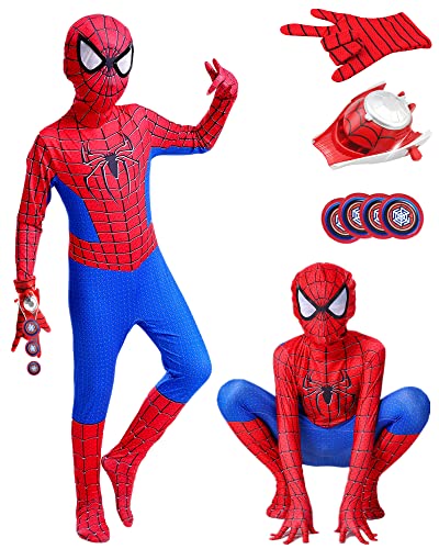 HVIERO - Disfraz de araña infantil de 3 a 12 años con guante lanzador araña, traje araña infantil, cosplay, Halloween, carnaval, disfraz, regalos de Navidad, combinación araña infantil (Spider-B,150)