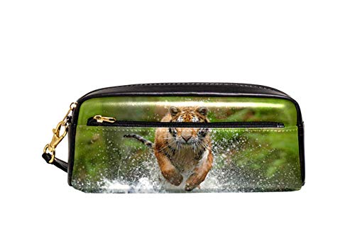 HZLM Siberian Tiger Panthera Tigris Altaica Bolsa portátil de cuero PU Escuela Estuche de lápiz Estacionario Bolsas de lápiz a prueba de agua Bolsa de cosméticos Maquillaje Estuche de belleza