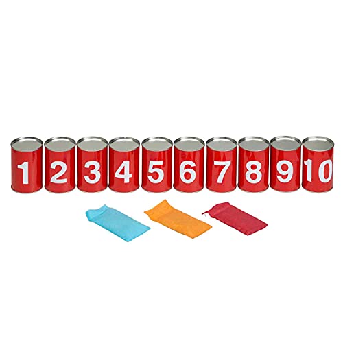 Idena 40189 – Juego de lanzar latas con 10 latas de Metal numeradas y 3 Sacos de Arena, Juego de Lanzamiento y Habilidad para Fiestas de cumpleaños, jardín o Parque