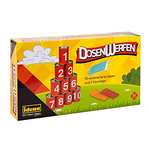 Idena 40189 – Juego de lanzar latas con 10 latas de Metal numeradas y 3 Sacos de Arena, Juego de Lanzamiento y Habilidad para Fiestas de cumpleaños, jardín o Parque