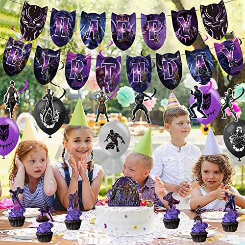 IFHDO Decoración Cumpleaños Black Panther, Decoración de Pantera Negra, 38 Decoraciones de Cumpleaños Temáticas de Pantera Negra, Adornos para Globos Superhéroe Decoración de Pasteles Suministros