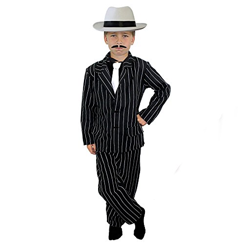 ILOVEFANCYDRESS Disfraz infantil de gánster años 20, con traje de rayas negro (chaqueta y pantalones), corbata blanca, sombrero blanco, para 4 a 14 años