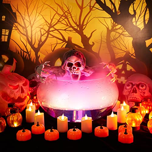 IMAGE Luces de té de calabaza de Halloween, 12 unidades, velas LED de calabaza, mini candelita decorativa naranja para fiesta de Halloween al aire libre