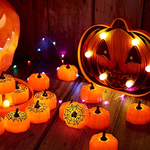 IMAGE Luces de té de calabaza de Halloween, 12 unidades, velas LED de calabaza, mini candelita decorativa naranja para fiesta de Halloween al aire libre
