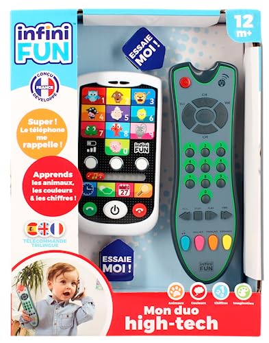 Infini Fun Mi Duo High-Tech teléfono + Mando a Distancia - 1 Mando a Distancia trilingüe francés, inglés, español y 1 teléfono Ultra Realista. - Juguetes de imitación Multi-Aprendizaje Desde 12 Meses