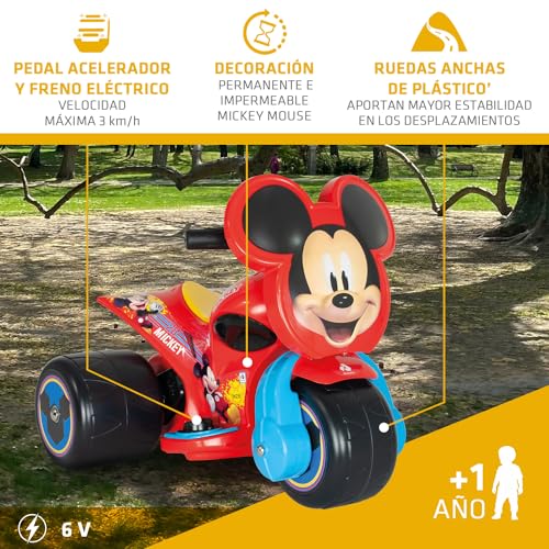 INJUSA - Trimoto Samurai Mickey Mouse a Batería 6V, para Niños de 1 a 3 años, con Pedal Acelerador y 3 Ruedas Anchas de Plástico, Velocidad Máx 3 Km/h, Color Rojo