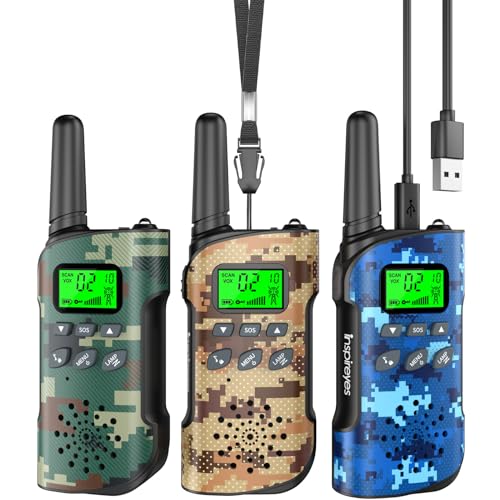 Inspireyes Walkie Talkie Niños Recargable, 48 Horas de Tiempo de Trabajo, 3 kilómetros de Largo Alcance,JRegalo de Juguetes al Aire Libre para niños de 3 a 12 años, Paquete de 3 camuflajes