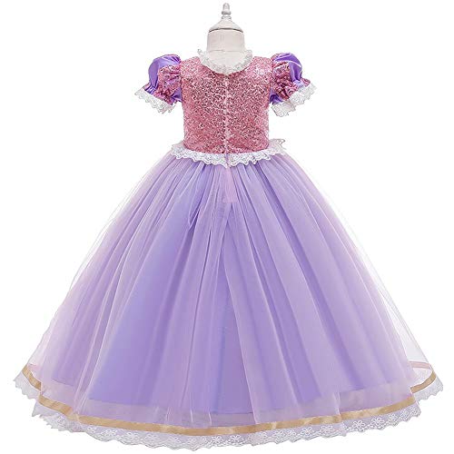 IWEMEK Disfraz de princesa Rapunzel, disfraz de princesa para niños, Grimms, cuento de hadas, enroscado, Halloween, carnaval, fiesta, cumpleaños, vestido de fantasía, color morado 03 8 – 9 años