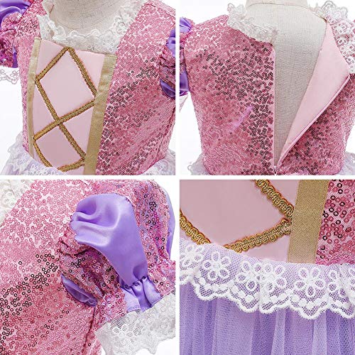 IWEMEK Disfraz de princesa Rapunzel, disfraz de princesa para niños, Grimms, cuento de hadas, enroscado, Halloween, carnaval, fiesta, cumpleaños, vestido de fantasía, color morado 03 8 – 9 años