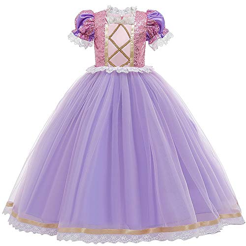 IWEMEK Disfraz de princesa Rapunzel, disfraz de princesa para niños, Grimms, cuento de hadas, enroscado, Halloween, carnaval, fiesta, cumpleaños, vestido de fantasía, color morado 03 8 – 9 años