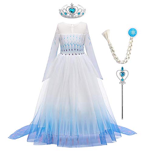 Iwemek,Vestido largo de manga larga para niñas, disfraz de princesa Elsa, disfraz y accesorios, varita mágica y trenza, vestido de fiesta, cumpleaños, cosplay, fiesta de disfraces Bleu 02 9-10 Años