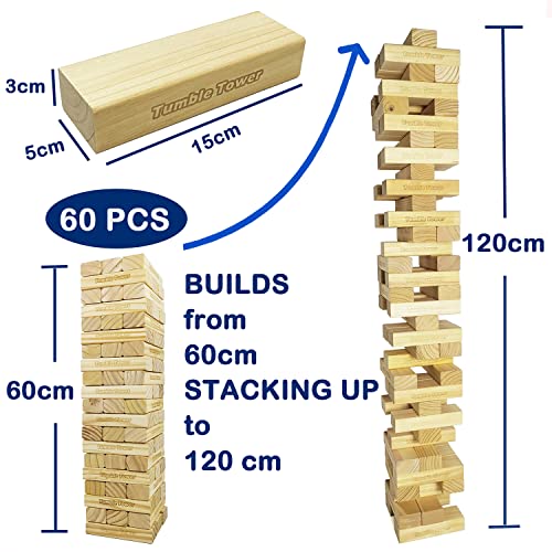 Jac & Mok Juego Jumbo Tumble Tower | 60 piezas de bloques de madera con funda de transporte | Material de madera de pino premium