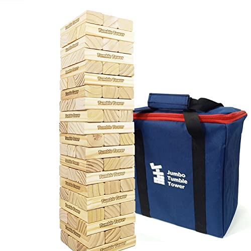 Jac & Mok Juego Jumbo Tumble Tower | 60 piezas de bloques de madera con funda de transporte | Material de madera de pino premium