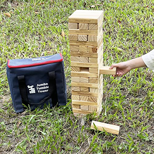 Jac & Mok Juego Jumbo Tumble Tower | 60 piezas de bloques de madera con funda de transporte | Material de madera de pino premium