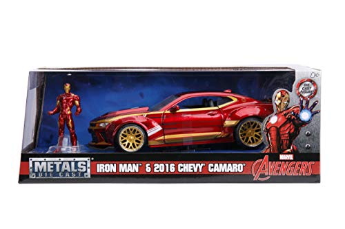 Jada Toys, 99724R, Modelo 2016, Chevy Camaro con Figura Iron Man 1/24 Die Cast Marvel, Rojo/Oro