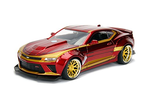 Jada Toys, 99724R, Modelo 2016, Chevy Camaro con Figura Iron Man 1/24 Die Cast Marvel, Rojo/Oro