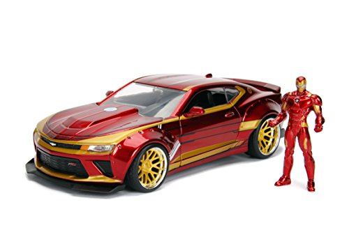 Jada Toys, 99724R, Modelo 2016, Chevy Camaro con Figura Iron Man 1/24 Die Cast Marvel, Rojo/Oro