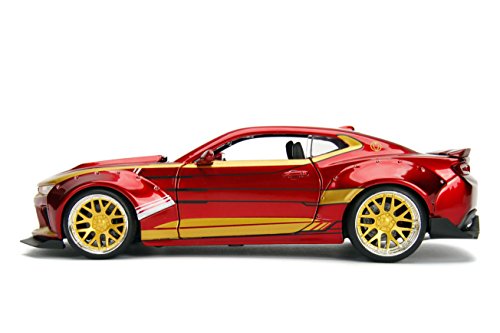 Jada Toys, 99724R, Modelo 2016, Chevy Camaro con Figura Iron Man 1/24 Die Cast Marvel, Rojo/Oro