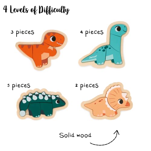 Janod 4 Puzles Evolutivos Dinosaurios Madera FSC 2 a 5 Piezas-Juguetes Educativos-Primera Infancia-A Partir de 18 Meses, J05824, Multicolor (JURATOYS