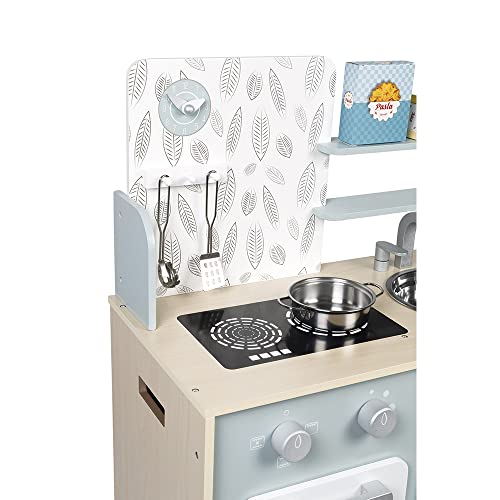 Janod - Cocina de madera para niños "Plume" - Con horno, fregadero de acero inoxidable, armario, pomos y reloj - Cocina con 5 accesorios - De 3 a 8 años, J06608