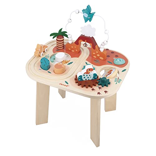 Janod- Dinosaure-8 Mesa de 8 Actividades Dinosaurio-Primera Infancia-Estímulo-Motricidad Fina y Destreza-Madera FSC-A Partir de 12 Meses, J05825, Multicolor, Medium (JURATOYS